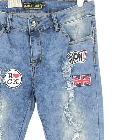 Rebel Love Women Distressed Patch Mid Wash Blue Skinny Stretch Jean Sz 13/14 NWT - Picture 7 of 14